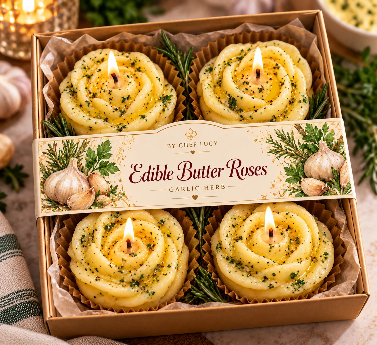 Four golden-yellow garlic-herb edible butter rose candles in a By Chef Lucy gift box