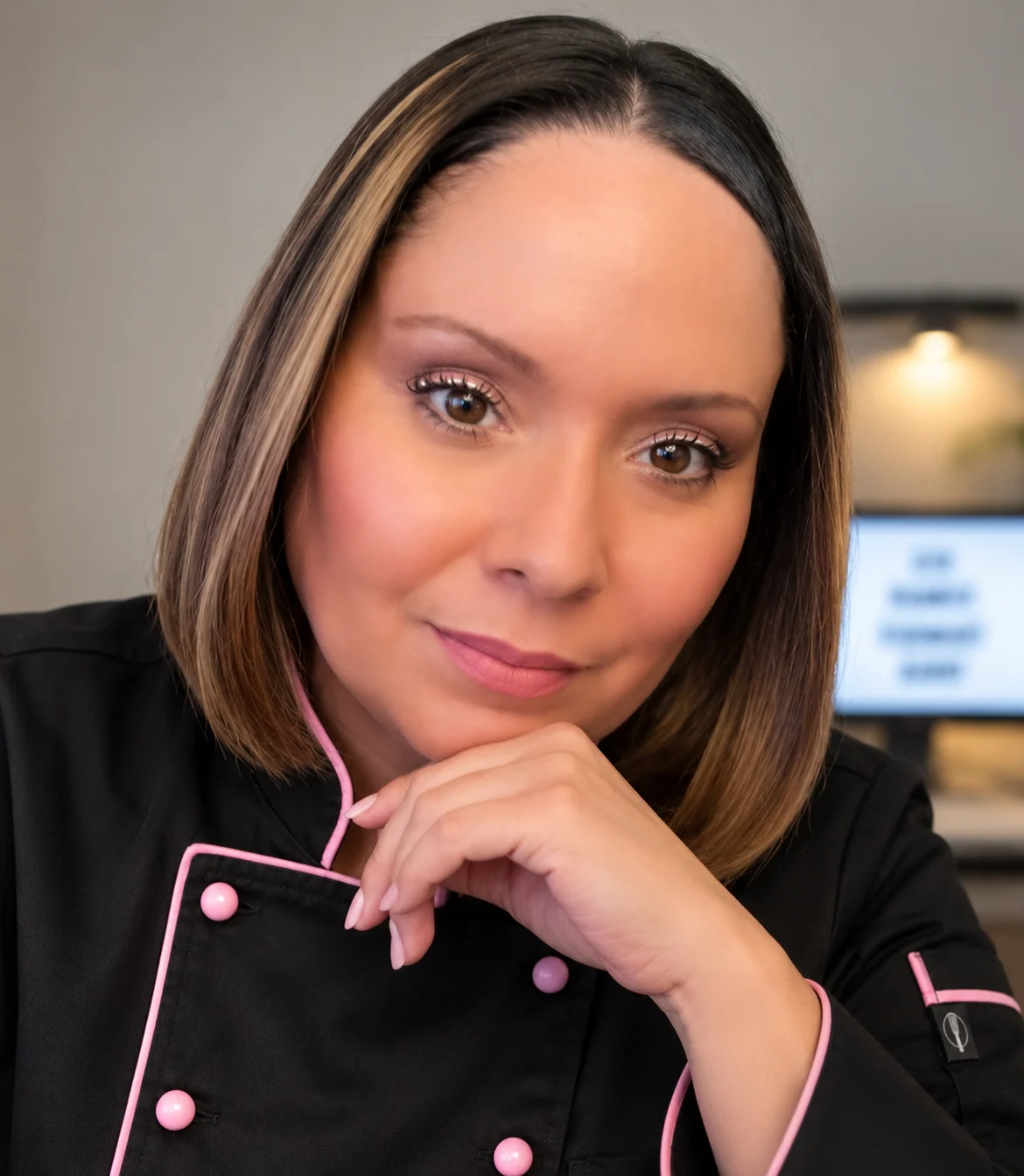 Chef Lucy wearing a black chef jacket with blush-pink trim