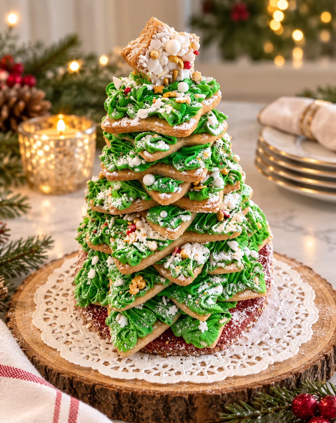 Handcrafted Christmas cookie tree with green piped icing and festive decorations
