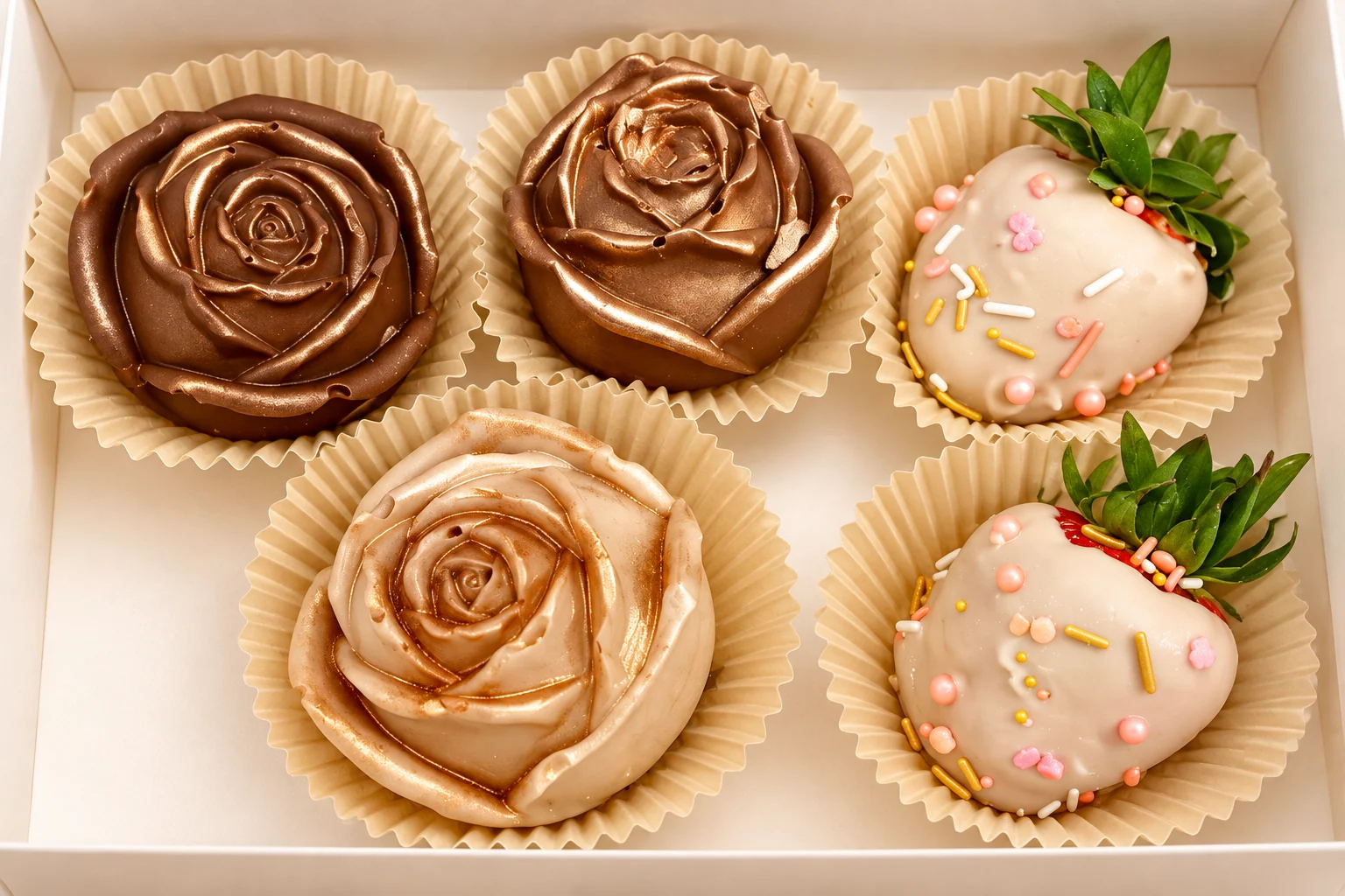 Chef Lucy’s own decorated chocolate-covered strawberries and chocolate roses