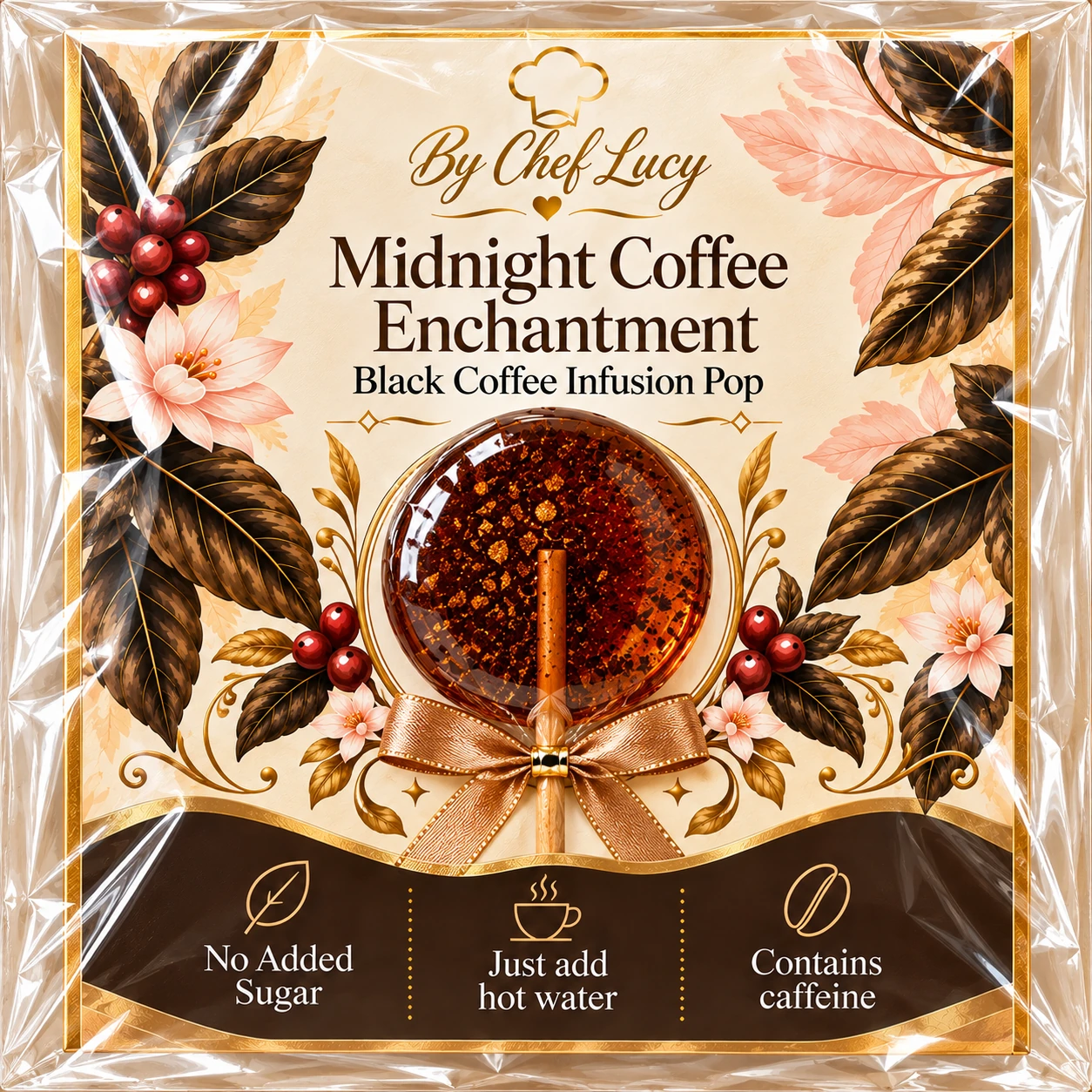 Midnight Coffee Enchantment black coffee infusion pop centered on a By Chef Lucy floral label, sealed in clear plastic