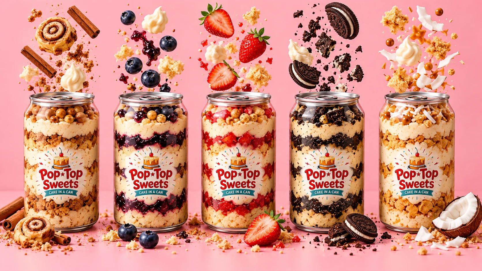 Pop Top Sweets cinnamon cake in a can showcase featuring the Cinna Collection flavors displayed in a modern lineup