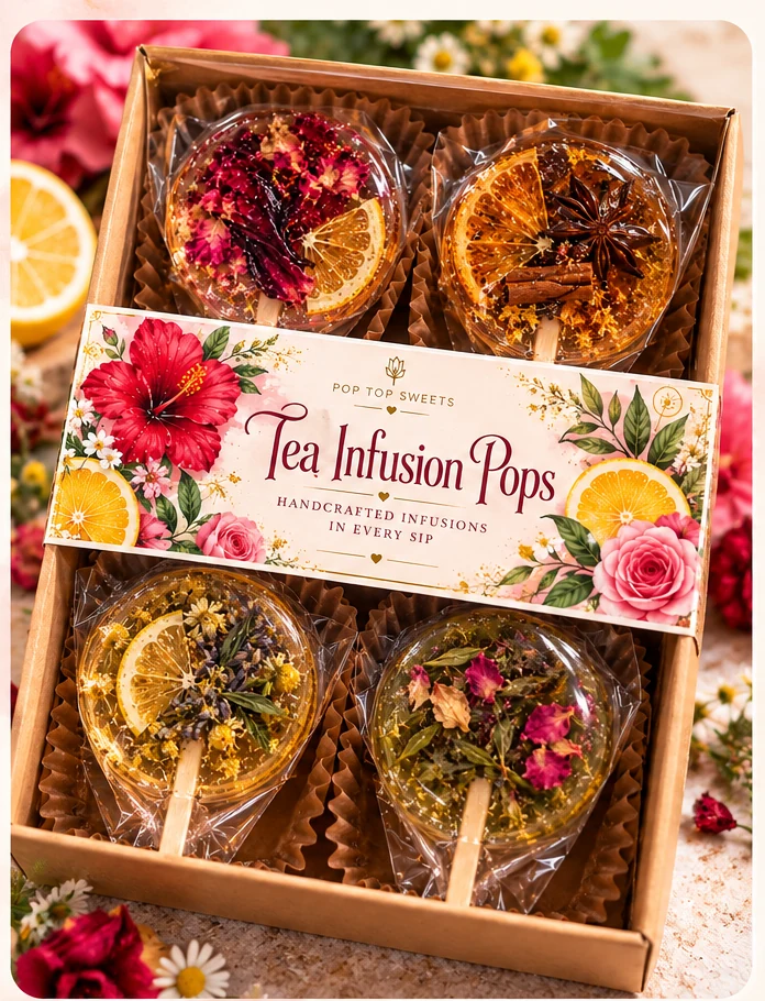 Boxed Tea Infusion Pops with floral packaging, fruit, herbs, and decorative flowers
