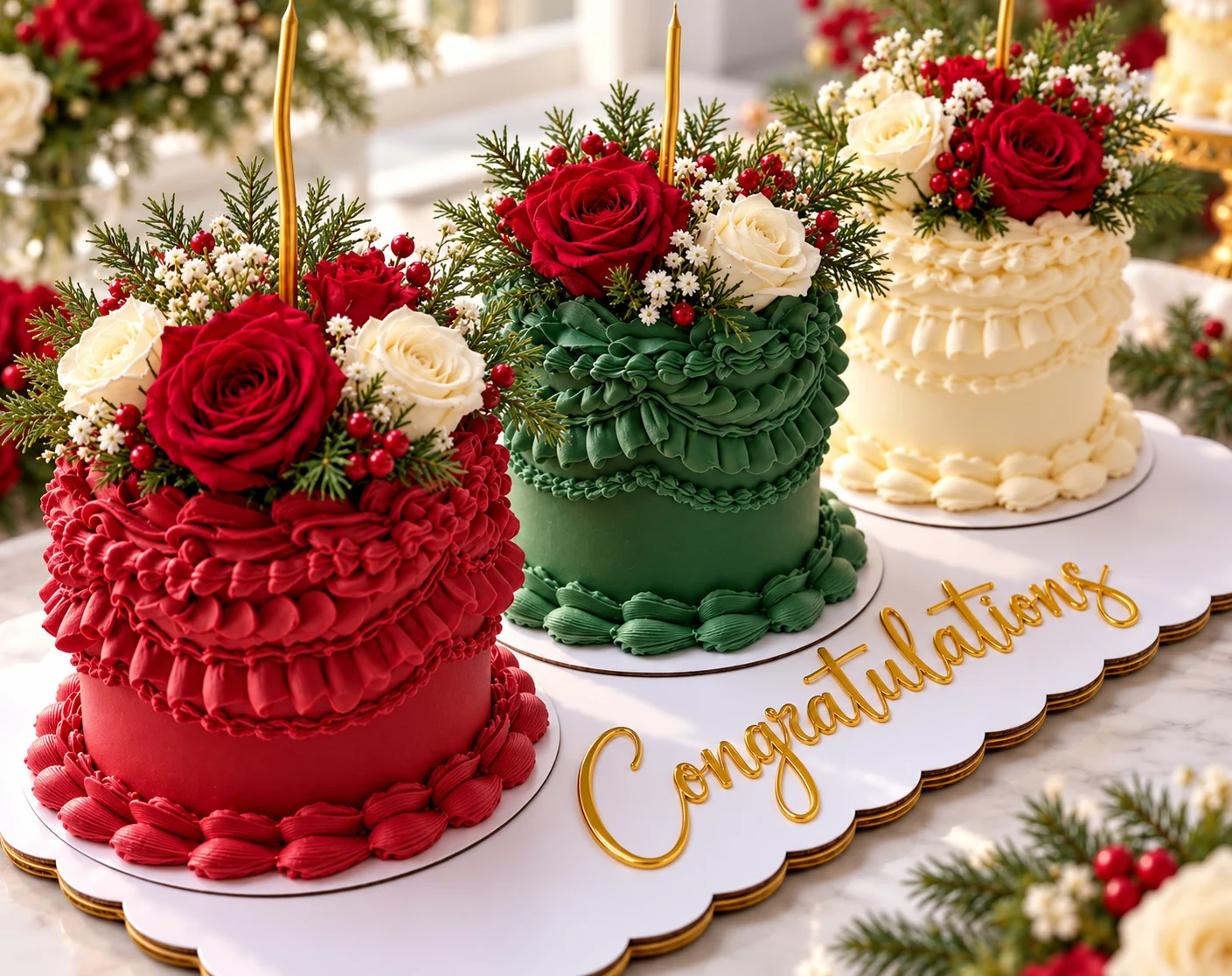 Christmas vintage mini cake set with red, green, and ivory buttercream cakes, roses, greenery, and gold candles