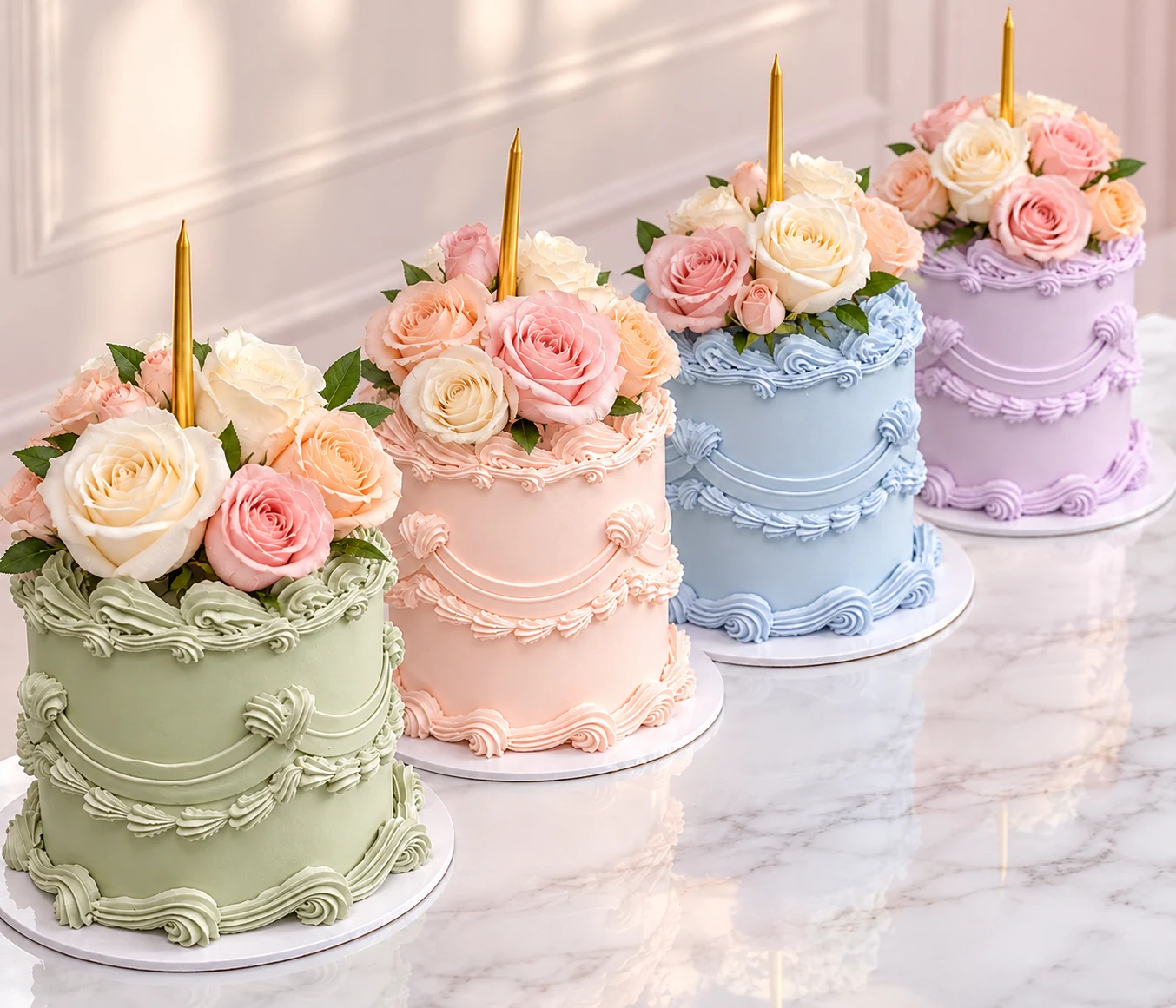 Four pastel vintage mini cakes decorated with pink, peach and ivory roses and gold candles